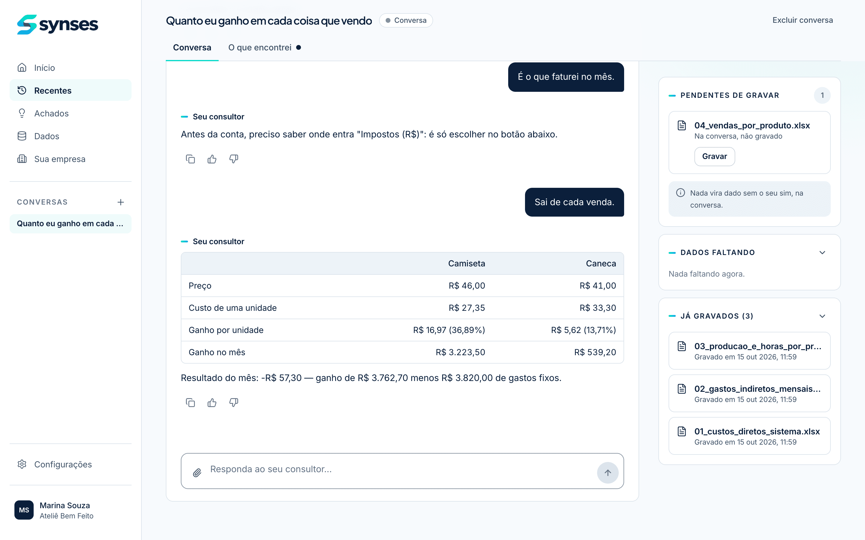 Conversa na Synses: o dono confirma como o imposto entra e o consultor responde com preço, custo e ganho por unidade de cada produto.