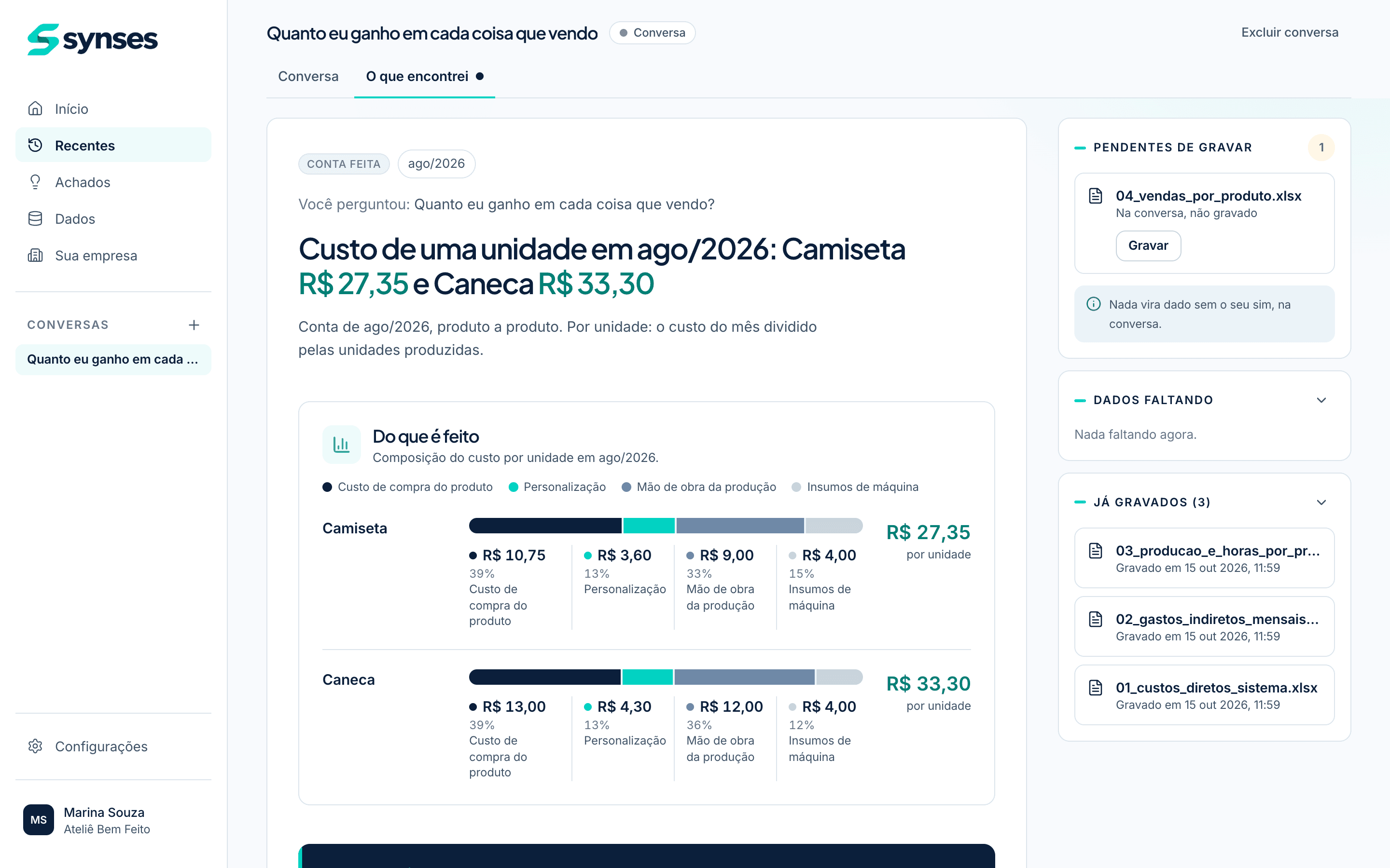 Tela “O que encontrei” da Synses: o custo de uma unidade de cada produto e a composição desse custo.